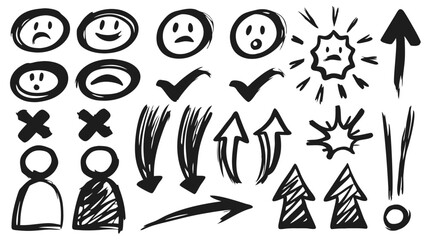 Obraz premium Collection of hand drawn sketch elements including faces, arrows, check marks, and exclamation points art