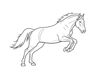 Jumping horse drawing. It is a black and white outline image of a horse in mid-jump, showcasing its dynamic movement and athleticism. Vector sketch line art draw.