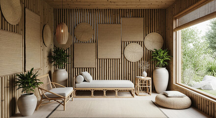 Serene bamboo interior sanctuary with woven textures and natural light streaming through windows
