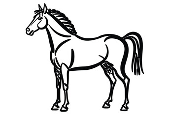 Picasso horse drawing. It is a black and white outline image of a horse in the distinctive minimalist and abstract style of Picasso's animal sketches. Vector sketch line art draw.