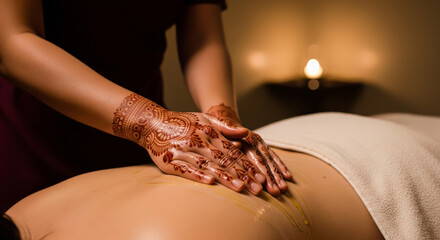 Skilled massage therapist with intricate henna patterns providing luxury spa treatment
