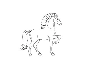 Trojan horse drawing. It is a black and white outline image of a Trojan horse, referencing the legendary wooden horse from ancient Greek mythology. Vector sketch line art draw.