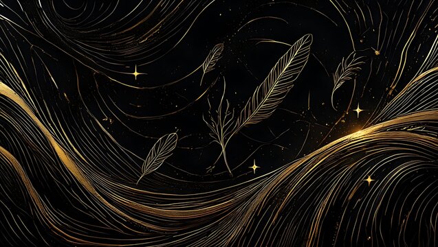 Elegant Golden Feathers Abstract Art Luxury Dark Background Design