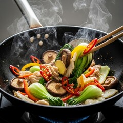 Sizzling Wok Stir Fry with Fresh Vegetables and Mushrooms Creating Dramatic Steam Clouds