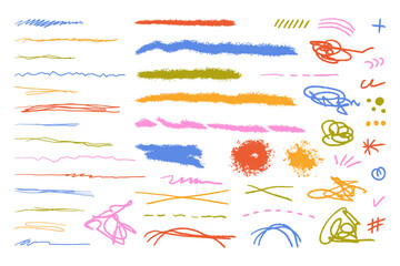Crayon underline set  of hand-drawn, colorful underlines made with crayon texture. Includes wavy, straight, and scribbled styles in various vibrant colors.