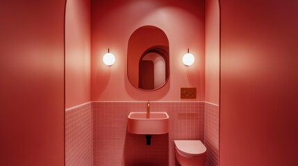 Pink, modern bathroom with arched alcoves