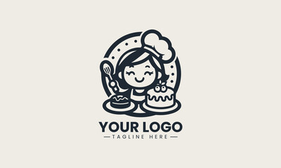 Cute cartoon girl happily baking while holding cake and sweet dessert on plate in cheerful kitchen scene vector logo illustration