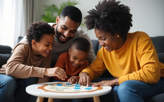 African American family interacting on sofa while playing educational board game together showcasing engagement, teamwork, and bonding, highlighting parent-child interaction. High quality