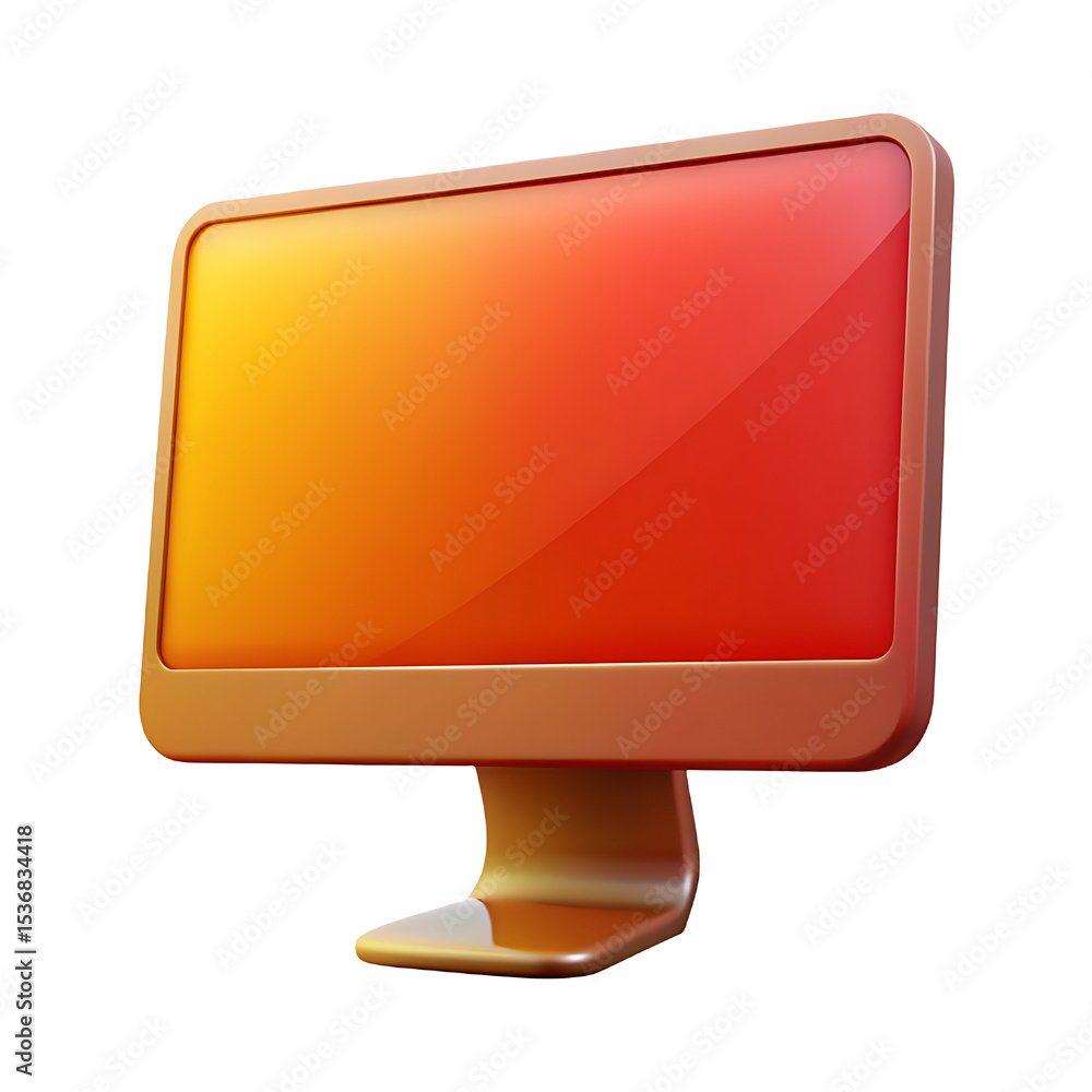 Poster bronze desktop computer displaying gradient red orange screen on white background three dimensional 