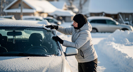 Winter Morning Routine: Person Scraping Ice From Car Windshield in Snowy Residential Area