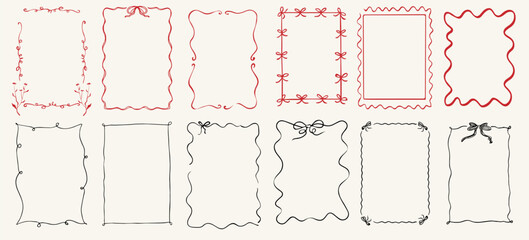 A versatile vector big set of hand-drawn decorative frames and borders, with bows perfect for adding a charming and personalized touch to various design projects. Featuring a range of styles from simp