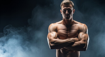 Powerful Bodybuilder Crossing Arms Against Dramatic Smoky Studio Background