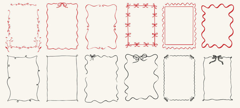 A versatile vector big set of hand-drawn decorative frames and borders, with bows perfect for adding a charming and personalized touch to various design projects. Featuring a range of styles from simp