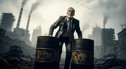Weathered Executive Surveys Dystopian Industrial Wasteland Between Rusted Oil Barrels