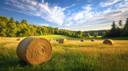 Hay bales dot a golden field bathed in sunlight.