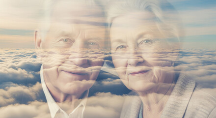 Ethereal Double Exposure Blends Senior Couple Faces with Heavenly Cloud Formation Above
