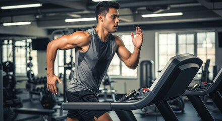Athletic Young Man Sprinting on Treadmill During Intense Cardio Workout Session