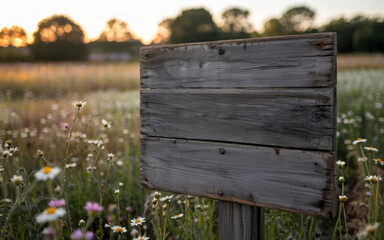 Blank weathered wooden signpost surrounded by wildflowers in peaceful countryside meadow