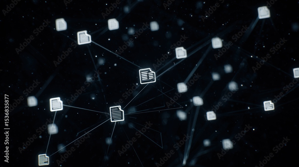 Poster abstract network grid with files and folders, futuristic software interface, digital document manage