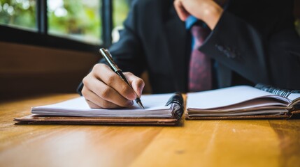 Professional individual in a dark suit and patterned tie writing diligently in a leather-bound notebook at a wooden table, natural light from a window with blurred greenery outside.