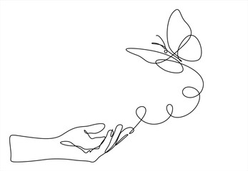 One continuous line drawing of hand holding butterfly. Beautiful flying moth for wellbeing beauty or spa salon logo in simple linear style. Hand drawn one line vector. Editable stroke	