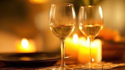 Elegant wine glasses with pale yellow wine on woven placemat, softly glowing candles casting warm golden-orange light, creating cozy intimate dining atmosphere.