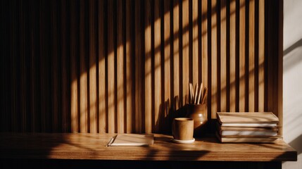Warm golden sunlight illuminates a minimalist wooden shelf with a closed notebook, earth-toned cup on saucer, terracotta vase holding wooden brushes, and neat stack of light-colored books.