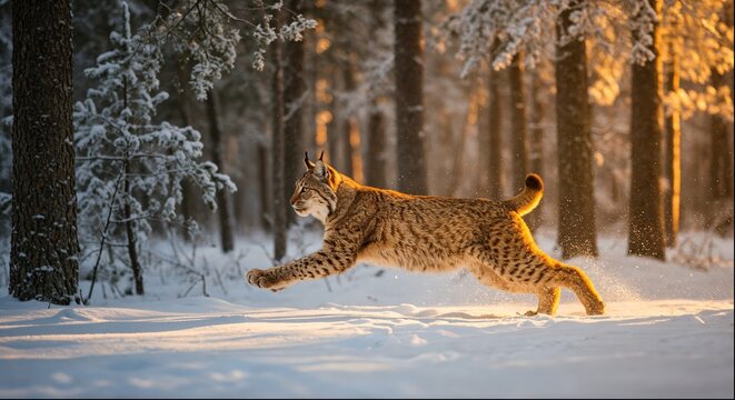 A magnificent bobcat leaps through a snowy forest, captured in a stunning long exposure.