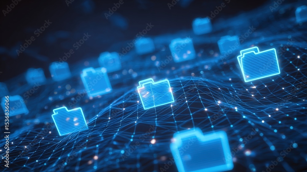Poster abstract network grid with files and folders, futuristic software interface, digital document manage