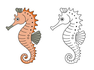Fototapeta premium Whimsical Seahorse Illustration: Colored and Line Art Versions