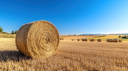 Round bales of straw in a harvested field under a clear blue sky.