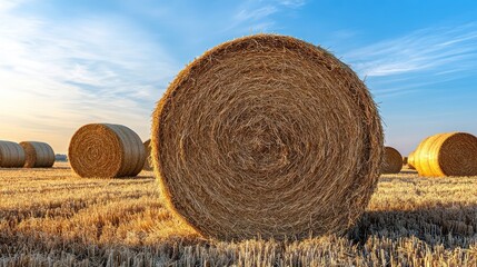 Round bales of straw in a golden field under a clear sky.