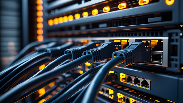 Close up of a data center server rack with connected cables - Powered by Adobe