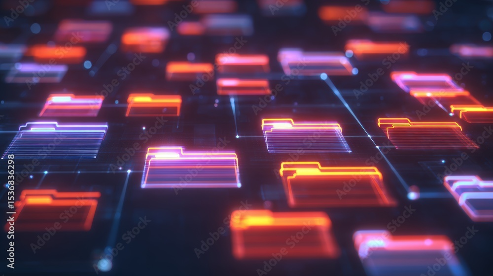 Poster abstract network grid with files and folders, futuristic software interface, digital document manage