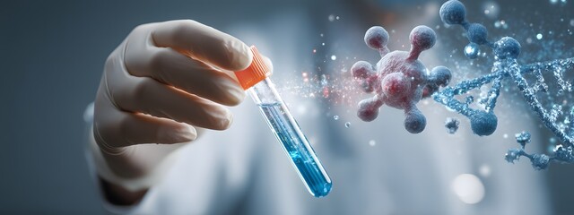 A scientist in a lab coat examining a medical testing tube filled with a transparent liquid surrounded by scientific equipment and microscopic molecular structures