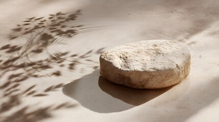 A smooth weathered stone resting peacefully on the surface of calm reflective waters surrounded by a natural earthy backdrop