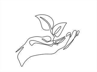 Hand holding plant with leaf in one continuous line drawing. Sprout tree and gardening symbol in simple linear style. Organic farm concept. Hand drawn one line vector. Editable stroke	