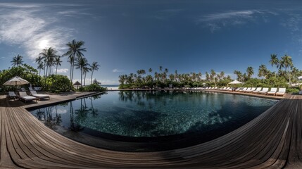 Tropical resort swimming pool with loungers and palm trees.