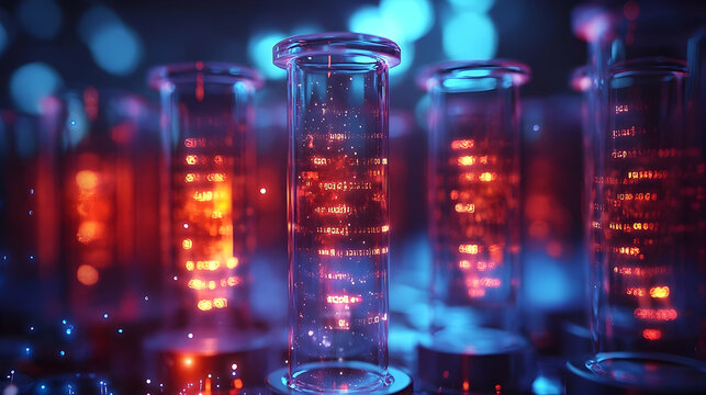 Laboratory test tubes with glowing binary code.
