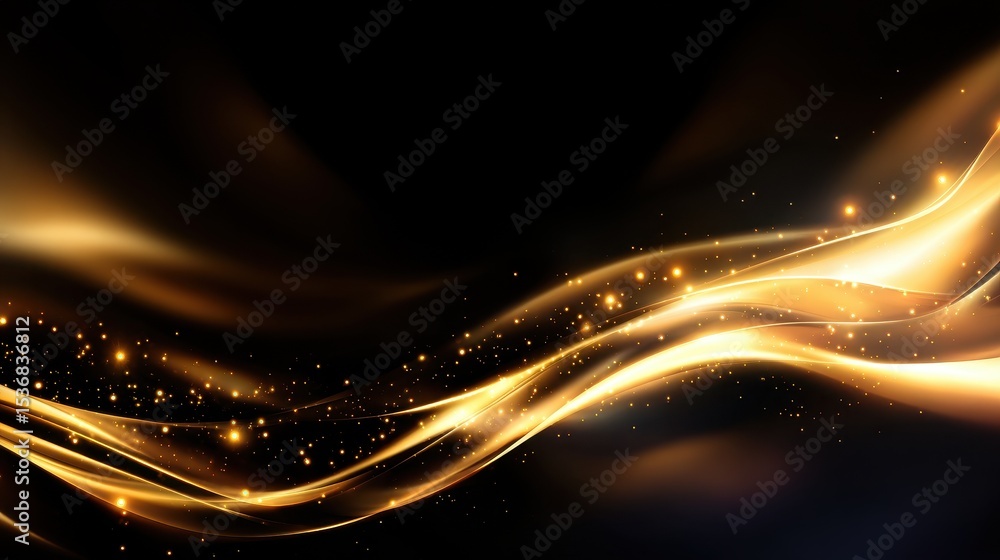 Poster golden flowing waves with sparkling light effects on a dark background, suitable for design use