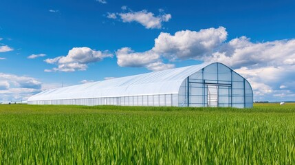 Obraz premium Large greenhouse surrounded by lush green fields under a bright blue sky with clouds