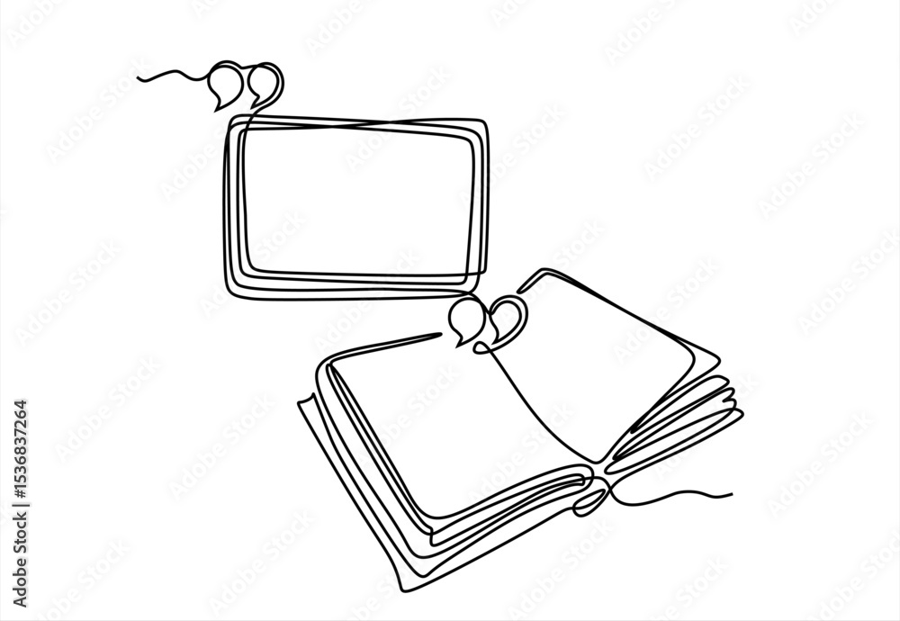 Poster continuous one line drawing of open book with bubble for text. vector illustration on white backgrou