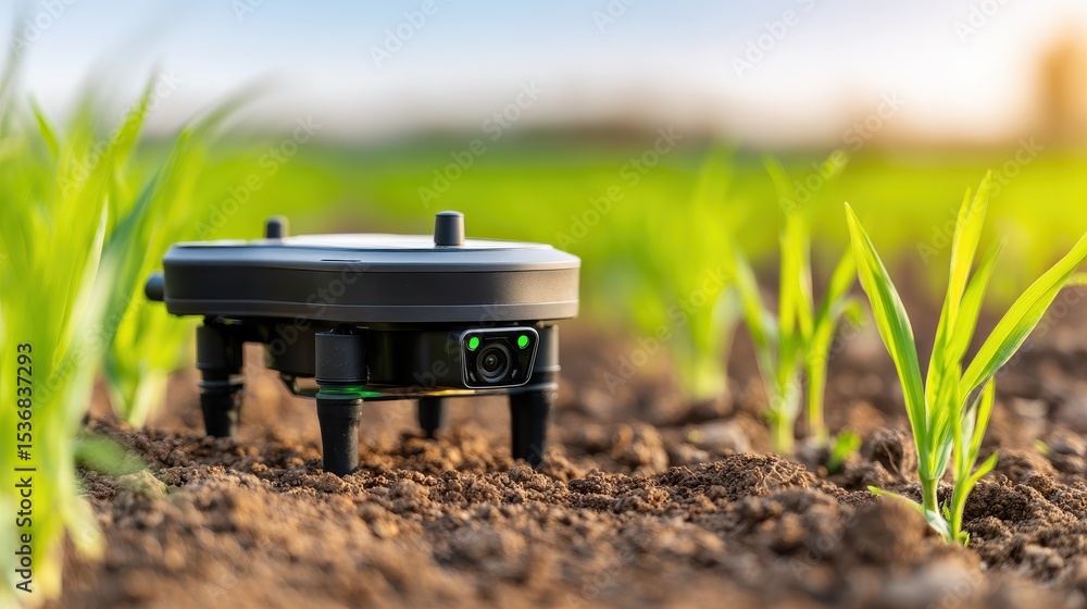 Poster a drone positioned in a field of green crops, capturing data with a sunset backdrop
