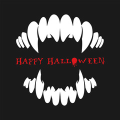 Monster, vampire or werewolf teeth, long sharp fangs isolated on black background. Simple minimalist Halloween card. Vector illustration