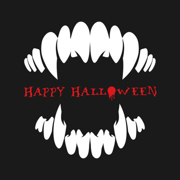 Monster, vampire or werewolf teeth, long sharp fangs isolated on black background. Simple minimalist Halloween card. Vector illustration