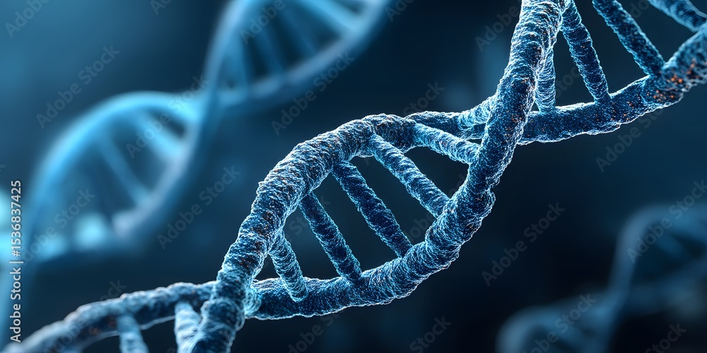 Poster close up of a detailed digitally rendered dna molecule with a complex double helix structure set aga