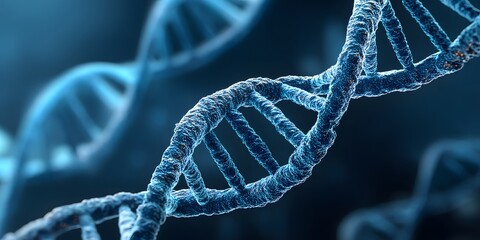 Close up of a detailed digitally rendered DNA molecule with a complex double helix structure set against a futuristic blue background