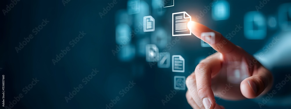 Poster close up shot of a hand interacting with a digital document management interface surrounded by futur