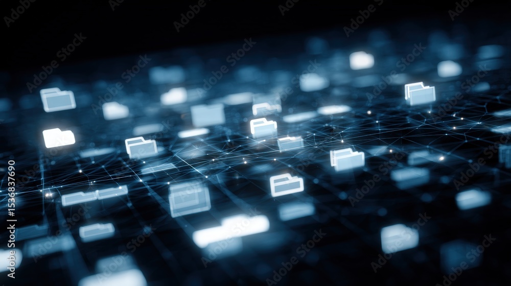 Poster abstract network grid with files and folders, futuristic software interface, digital document manage