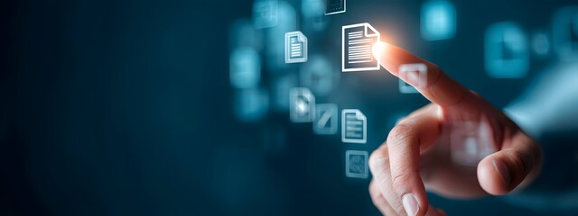 Close up shot of a hand interacting with a digital document management interface surrounded by futuristic technological elements and blurred backgrounds showcasing the power of modern digital systems